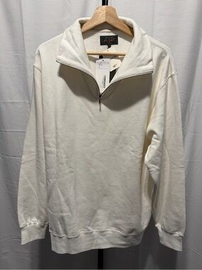 Beams+ Plus Half Zip Placket Sweatshirt Sz XL Relaxed White French Terry Cotton